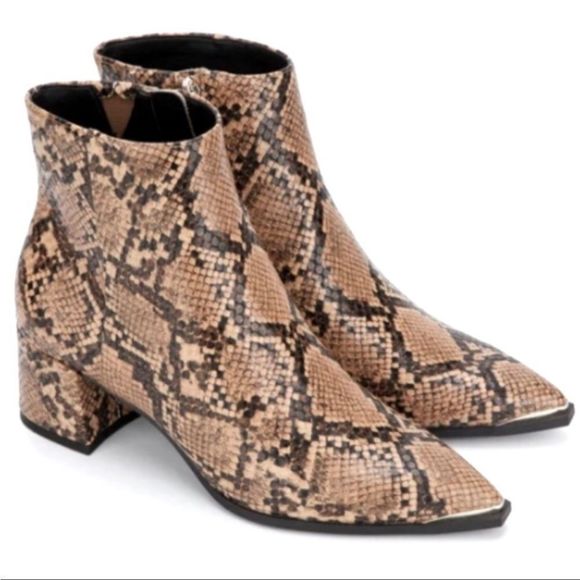 Kenneth Cole Roanne Snake Embossed Bootie Womens 7.5M Toffee Leather Tan Black - Picture 1 of 6